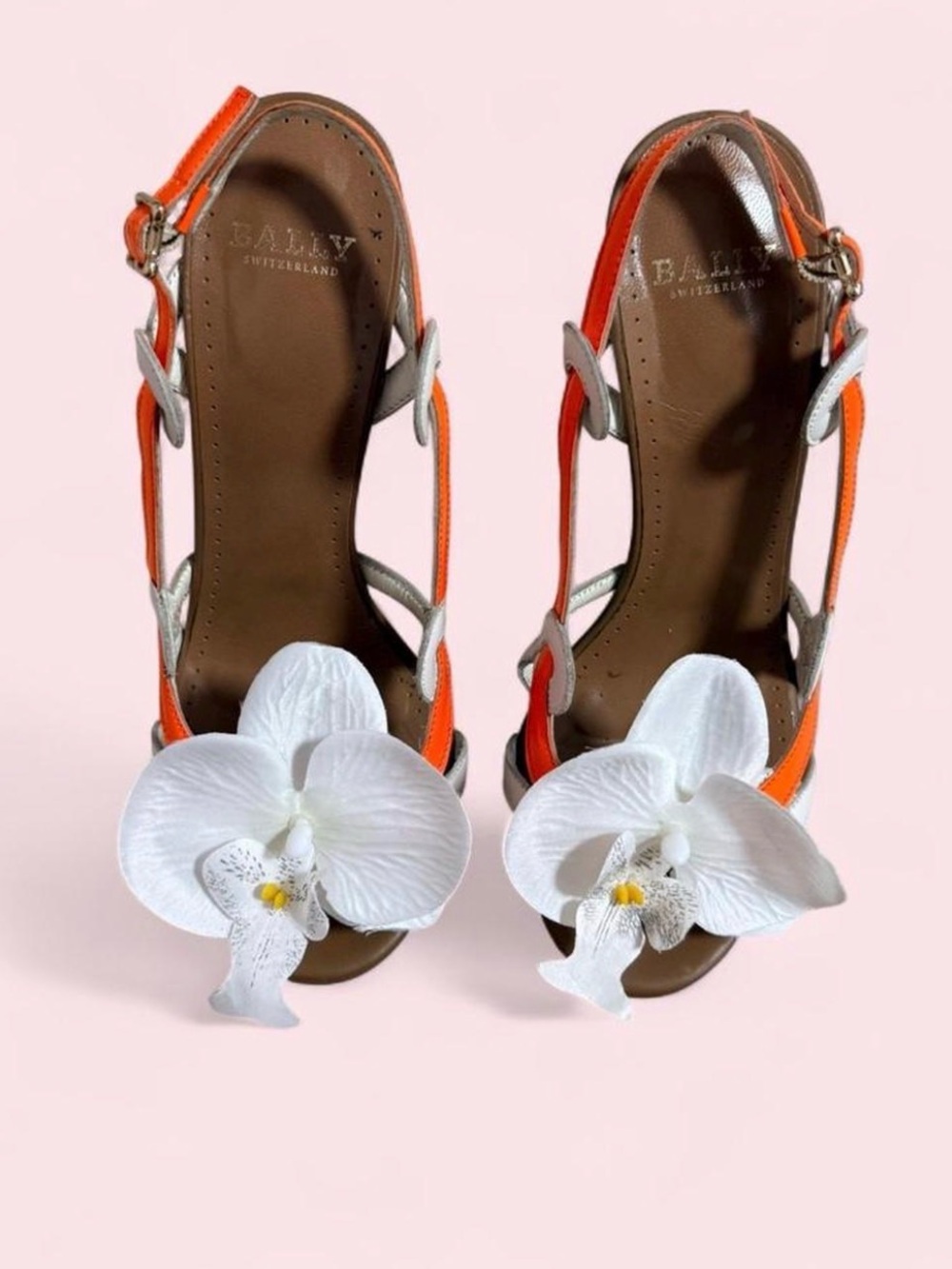 Bally orchid flowers slingback shoes sandals sz 6.5 orange white heels $850 - Picture 2 of 5